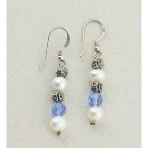 Sterling Silver Pearl and Flower Blue Earrings Dangle Drop Earrings